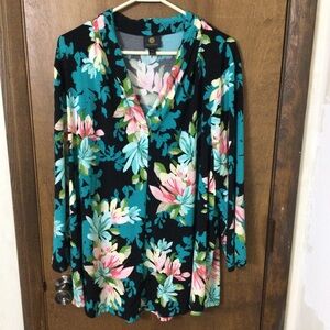 JM Collection 4X Floral V-Neck Blouse - Black, Green, and Pink